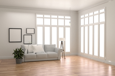 White Room Interior Scandinavian style - Modern room with white sofa and pillow with frame lamp and plants, wooden floor on empty white wall background. 3D renderingの写真素材