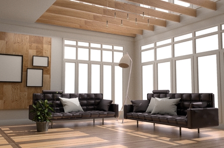 Living Room Interior Scandinavian Style - Modern room with sofa frame pillow lamp plants window - Wooden Style with wood floor and white wall background. 3D renderingの写真素材