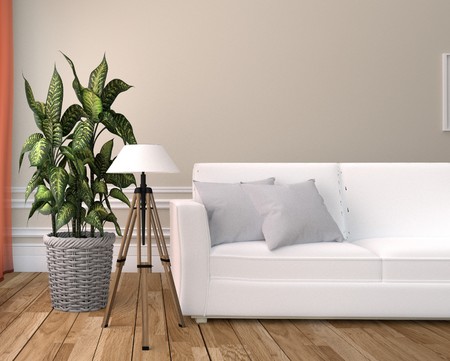 White Living Room Interior - White sofa and lamp - Empty white wall on Wooden floor. 3D rendering