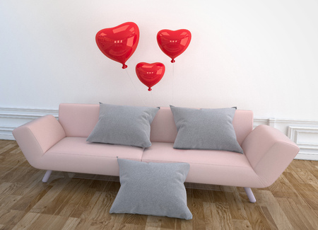 Modern Living Room design - pink sofa, pillow and balloons, wooden floor on empty white wall. 3D renderingの写真素材