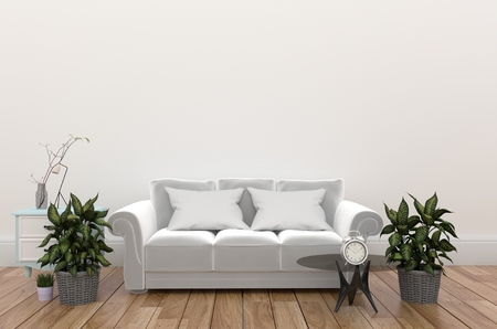 White living room interior with fabric sofa ,lamp and plants on empty white wall. 3d renderingの写真素材