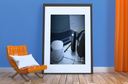Modern interior of living room with orange sofa and copper floor . 3d renderingの写真素材