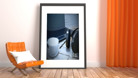 Modern living room interior with orange sofa and frame on empty white wall background. 3D renderingの写真素材