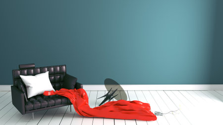 green mint wall on wood floor with working table. 3D rendering
