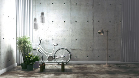 Empty - Living Room Loft Style Interior Design. 3D Renderingの写真素材