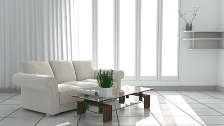 Living room with sofa have pillows, lamp and vase with flowers on white wall background, 3D...