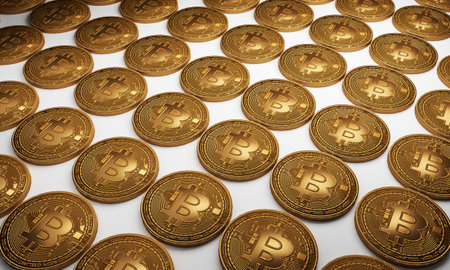 bitcoin coins in white background. 3D renderingの写真素材