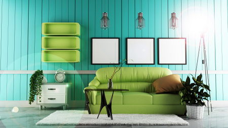 Modern living room interior with sofa green and white carpet, lamp, table, plants on mint wall...