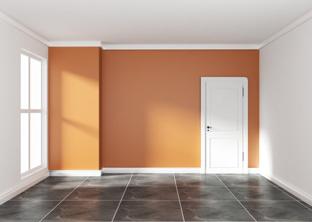 Empty room with orange wall on black granite floor. 3D rendering - Illustration