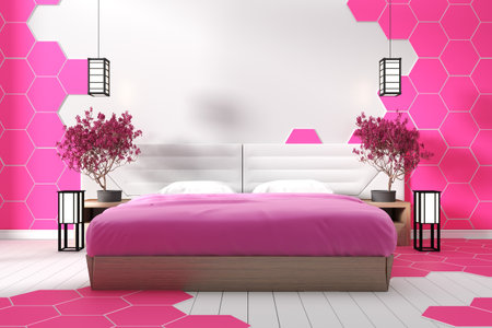 Modern white bedroom design pink hexagon tile - Zen style .3D rendering - Illustrationの写真素材