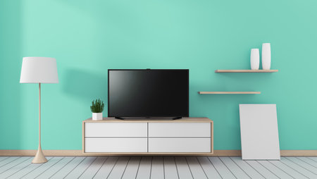 Smart Tv with blank black screen hanging on the cabinet, modern mint living room. 3d renderingの写真素材