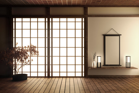 Japanese living room with wood floor and white wall with decoration Japanese style,3d renderingの写真素材