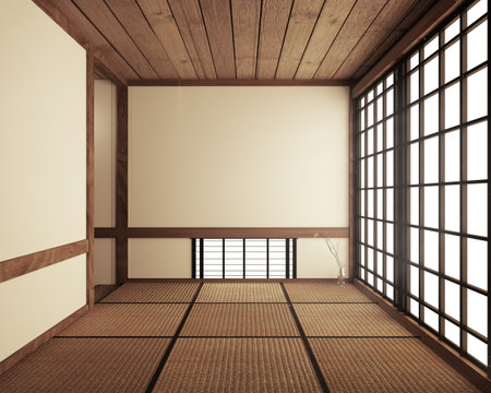 Tatami mats and paper sliding doors called Shoji room japanese zen style.3D rendering - Illustrationの写真素材