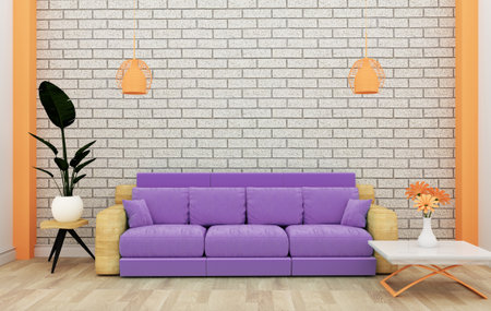Loft interior mock up with sofa and decoration and white brick wall on wooden floor .3D renderingの写真素材