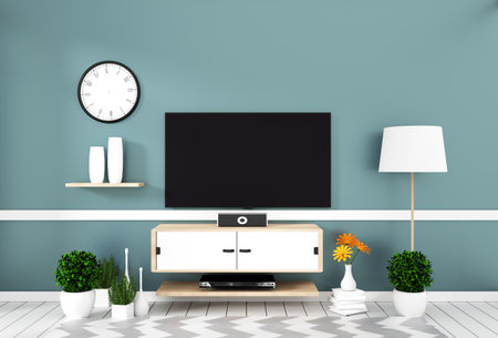 Smart Tv with blank screen hanging on the wall mint on white wooden floor mockup. 3d renderingの写真素材