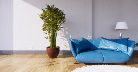 Modern living room interior with sofa and green plants,sofa on wall background. 3d renderingの写真素材