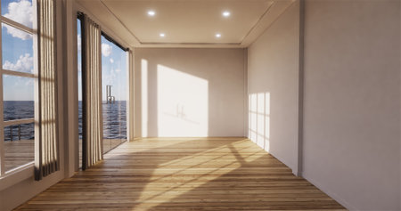 Sea view living room in modern beach summer home. 3D renderingの写真素材
