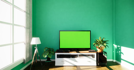 Smart Tv Mockup with blank black screen hanging on the cabinet decor, modern living room zen style. 3d renderingの写真素材