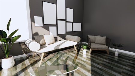 Modern interior with sofa and arm chair on room dark Wall and floor wooden tiles. 3D renderingの写真素材