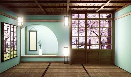 Mock up Big room very Luxury zen style, Designed specifically in Japanese style, empty mint room. 3D renderingの写真素材