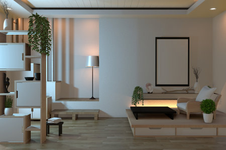 Empty zen room interior background with shelf wall Japanese style design hidden light. 3d rendering