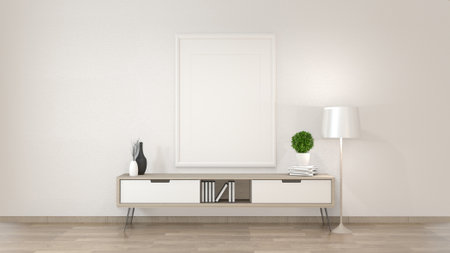 Mock up cabinet in zen living room on white wall background, 3d rendering