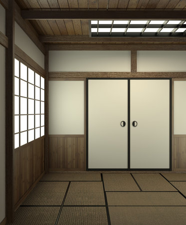 Empty room japanese style with door japan style.3D renderingの写真素材