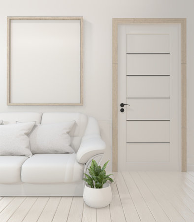 Interior poster mock up with  empty wooden frames, sofa, plant and lamp in empty room with white wall. 3D renderingの写真素材
