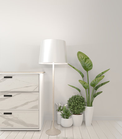 Mock up granite cabinet in modern living room with plant on white wall background,3d renderingの写真素材