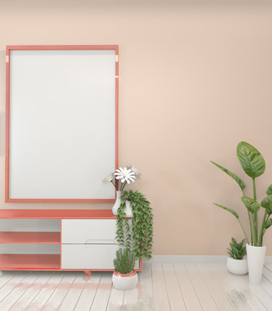 Mock up Pink room interior concept poster frames and modern cabinet in modern zen empty room, minimal designs, 3d renderingの写真素材