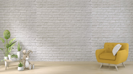 yellow sofa on white brick wall on floor wooden minimal design. 3D renderingの写真素材