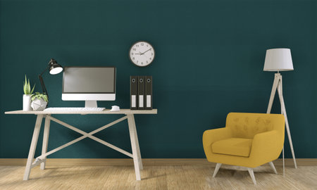 computer with blank screen  and decoration in office room mock up background.3D rendering