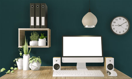 computer with blank screen  and decoration in office room mock up background.3D rendering