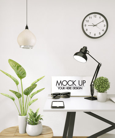 Mock up poster smart phone on top white table and decoration plants.3D renderingの写真素材
