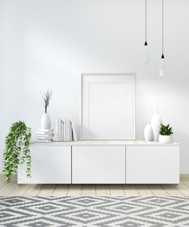 Mock up poster idea of cabinet white on wall and floor wooden room modern zen style.3D renderingの写真素材