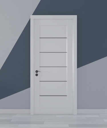 Ideas of door in room Geometric Wall Art Paint Design color ful on wooden floor.3D rendering