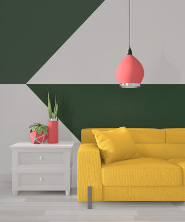 Ideas of green room Geometric Wall Art Paint Design color full style on wooden floor.3D rendering