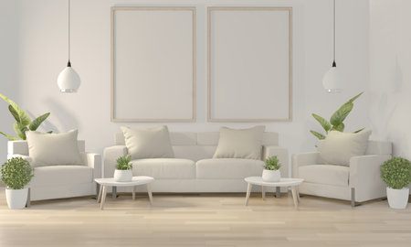 Mock up poster frame in white living room with white sofa and decoration plants on floor wooden.3D...