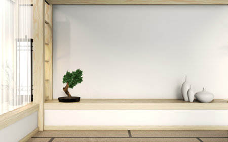 Empty zen room very japanese style with tatami mat floor and wall mix wooden design.3D renderingの写真素材