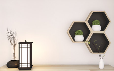 top Cabinet mock up zen style on room japanese minimal design interior and  Hexagon shelf wooden on wall background.3D renderingの写真素材