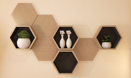 Hexagon wooden shelf japanese design on wall. 3D renderingの写真素材