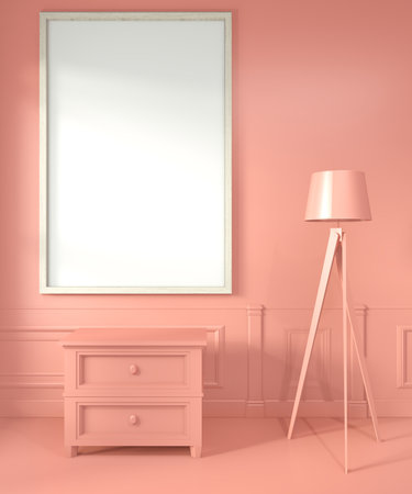 Mock up poster frame with cabinet and lamp on Room living coral style. 3D renderingの写真素材