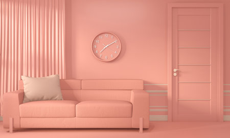 Living coral room interior with Sofa and decoration color living coral style. 3D renderingの写真素材
