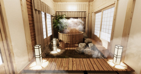 Onsen room interior with wooden bath and decoration wooden japanese style.3D renderingの写真素材