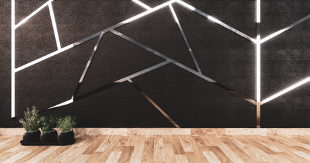 aluminum trim siver on black wall design and wooden floor.3D rednering