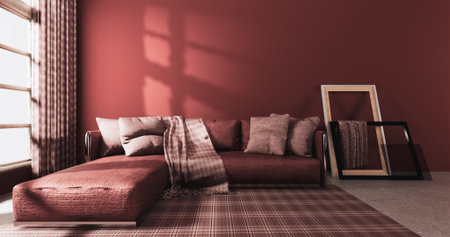 Living room modern style with red wall and red sofa armchair on carpet.3D rendering