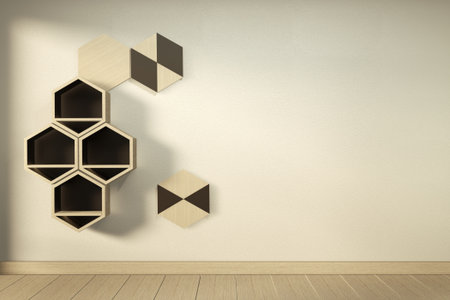 Hexagon wooden shelf japanese design on wall.3D renderingの写真素材