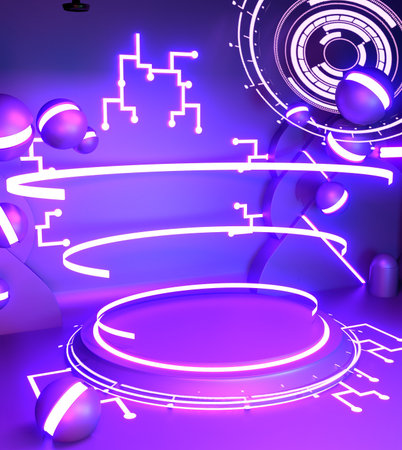 Game concept gradients purple and blue abstract podium showcase. 3D rendering