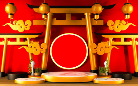 Podium - Pedestal for traditional Japanese products for editing. 3D redneringの写真素材