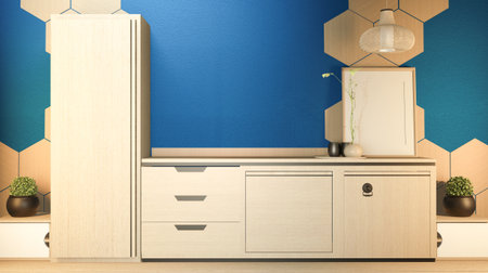 Kitchen room scene mock up with wooden counter kitchen and decoration on dark blue room hexagon...
